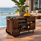 Outdoor Bar Cart – Rustic Solid Wood Cart with Wheels and Wine Storage