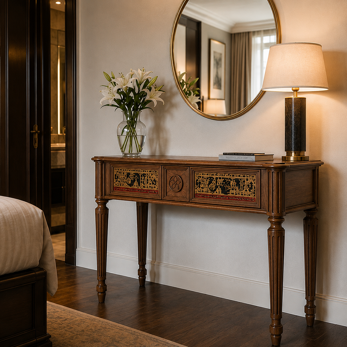 Classic Carved Wood Vanity Table with X-Frame Stool