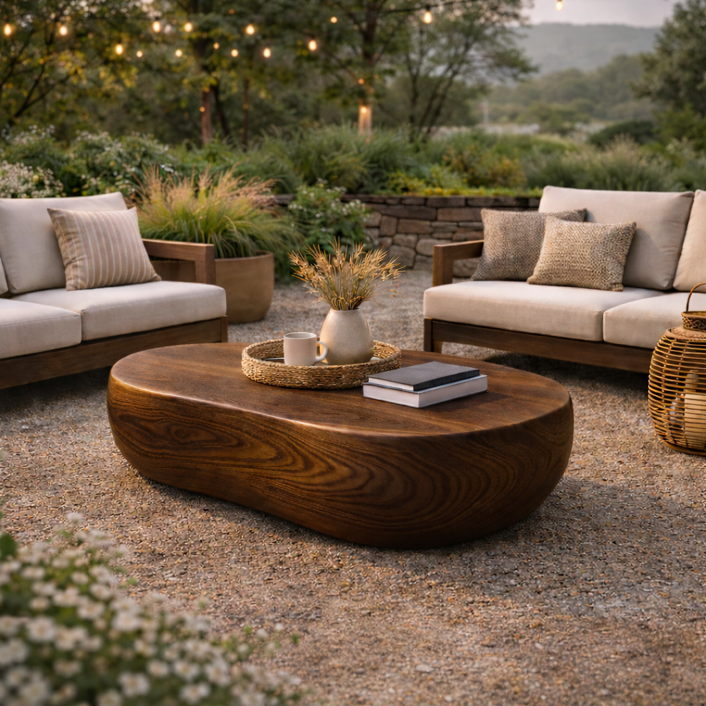 Organic Outdoor Coffee Table – Solid Wood Table for Patio and Garden