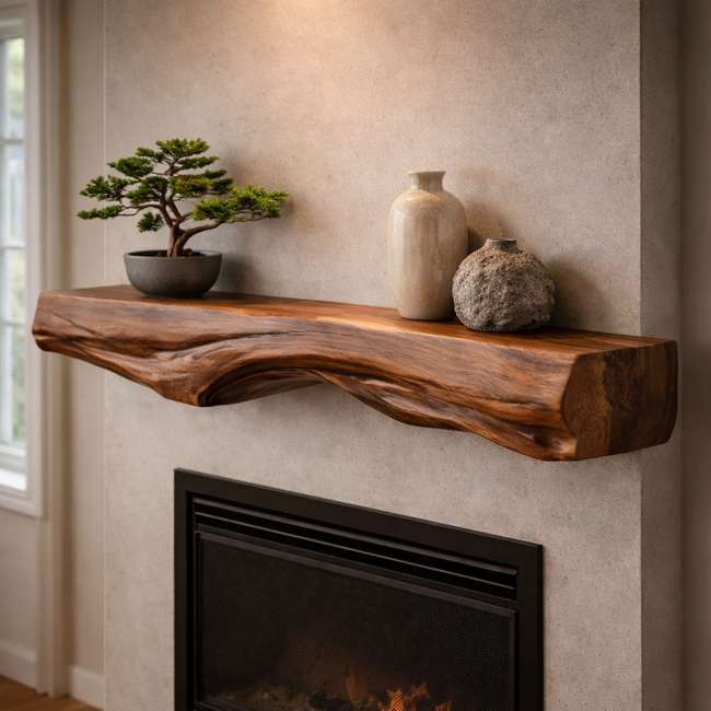Live Edge Mantel Shelf – Rustic Solid Wood Floating Fireplace Shelf Main Image