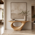 Sculptural Console Table – Solid Wood Entryway Table with Round Mirror