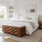 Wave Carved Wood Bedroom Bench – Solid Wood End of Bed Storage Bench with Upholstered Cushion