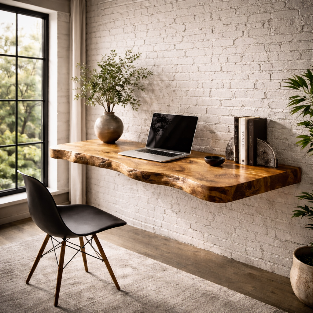 Live Edge Floating Desk – Solid Wood Wall-Mounted Desk for Home Office Decor