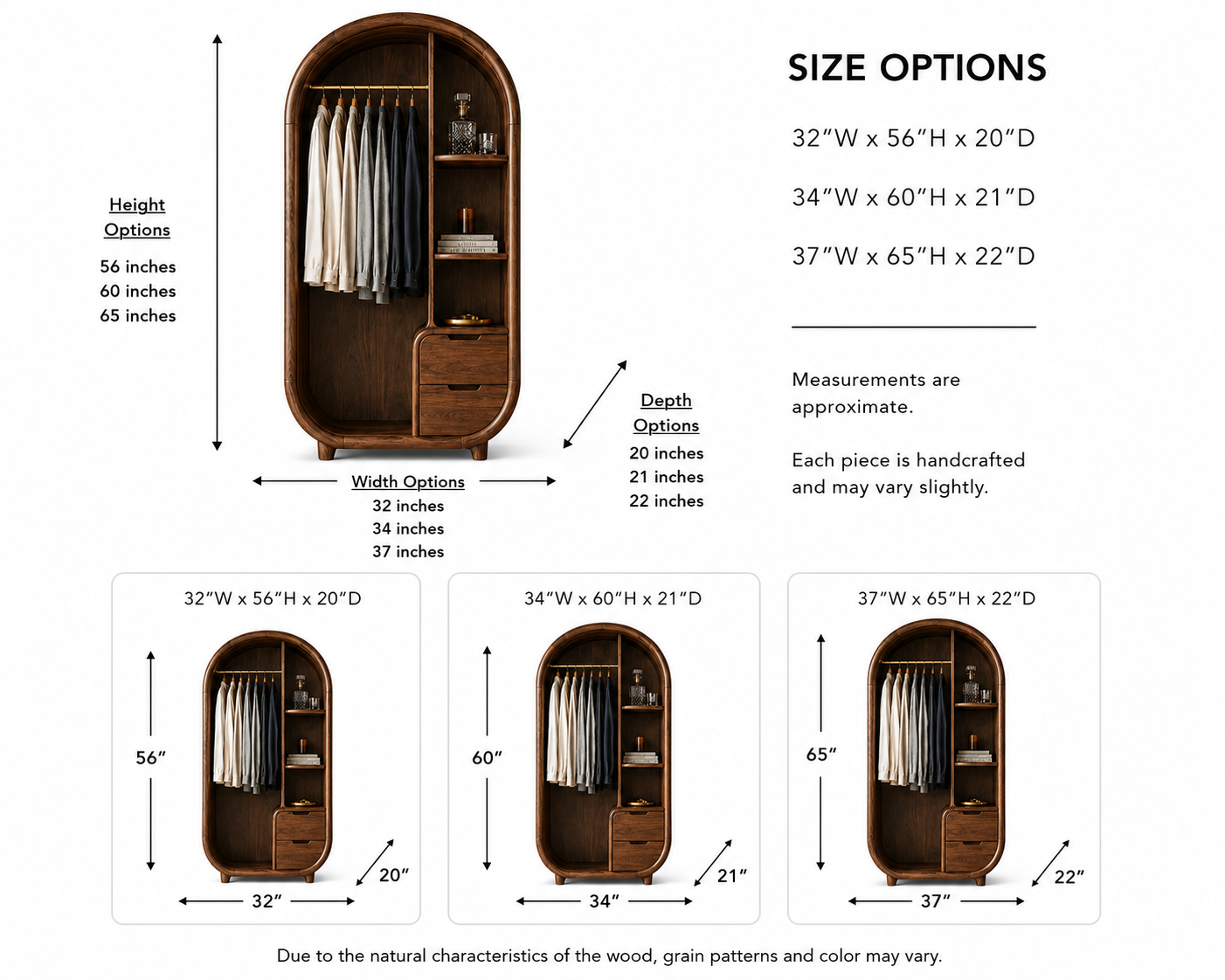 Arched Wood Wardrobe – Solid Wood Clothing Cabinet for Bedroom Decor