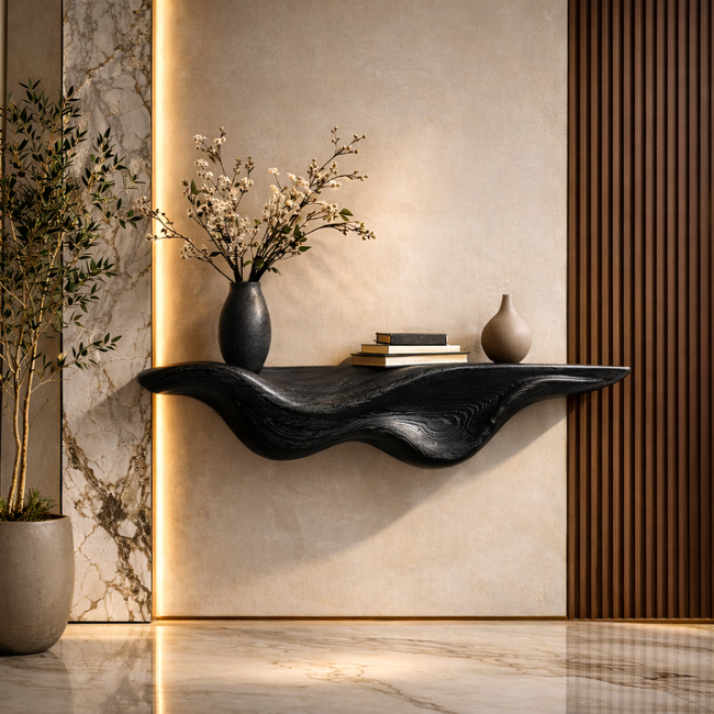 Curved Floating Shelf – Sculptural Solid Wood Wall Shelf for Living Room Main Image
