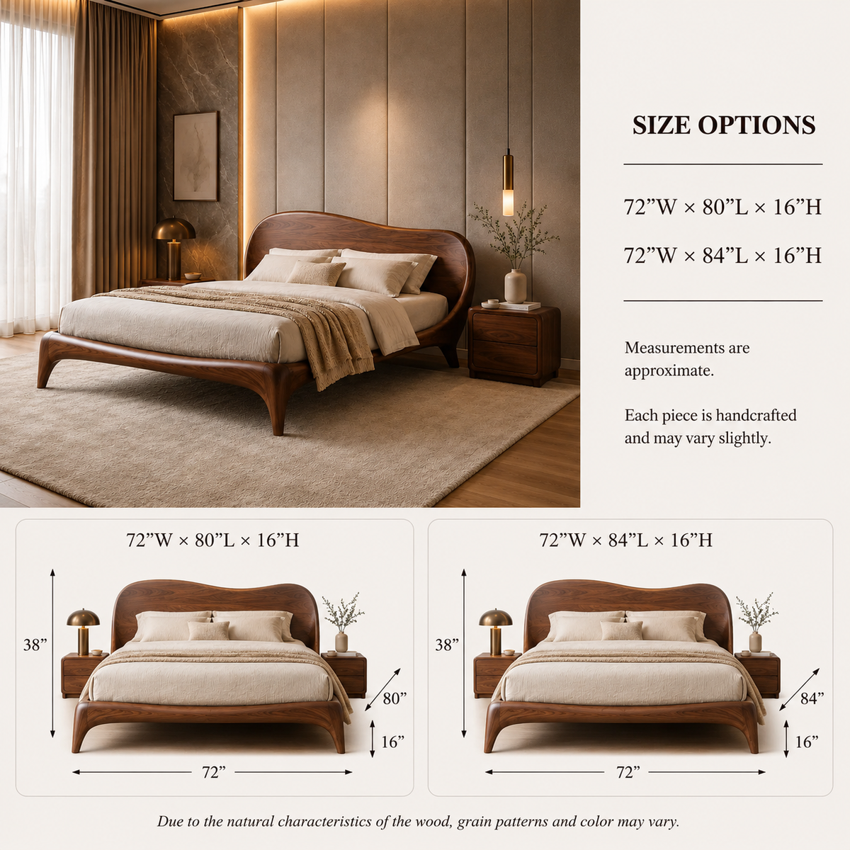 Curved Bed Frame – Solid Wood Platform Bed for Modern Bedroom