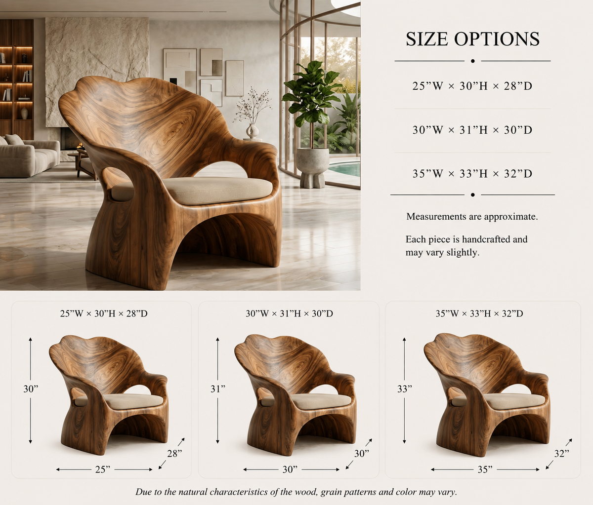 Sculptural Lounge Chair – Solid Wood Accent Chair with Cushioned Seat