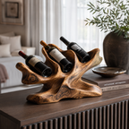 Sculptural Wood Wine Rack – Solid Wood 3 Bottle Display Stand for Home Bar Decor