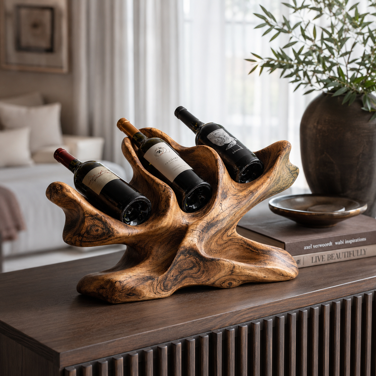 Sculptural Wood Wine Rack – Solid Wood 3 Bottle Display Stand for Home Bar Decor