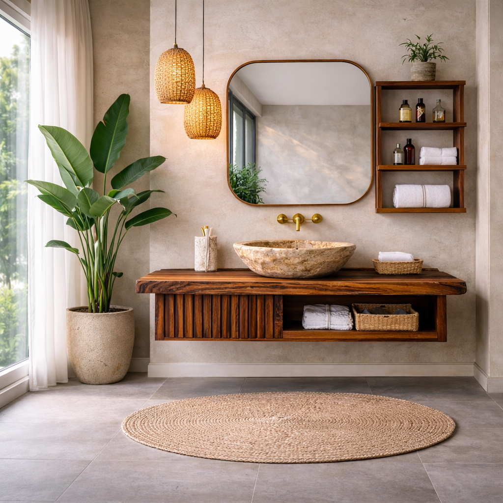 Bathroom Vanity – Modern Wooden Vanity with Mirror and Floating Shelves