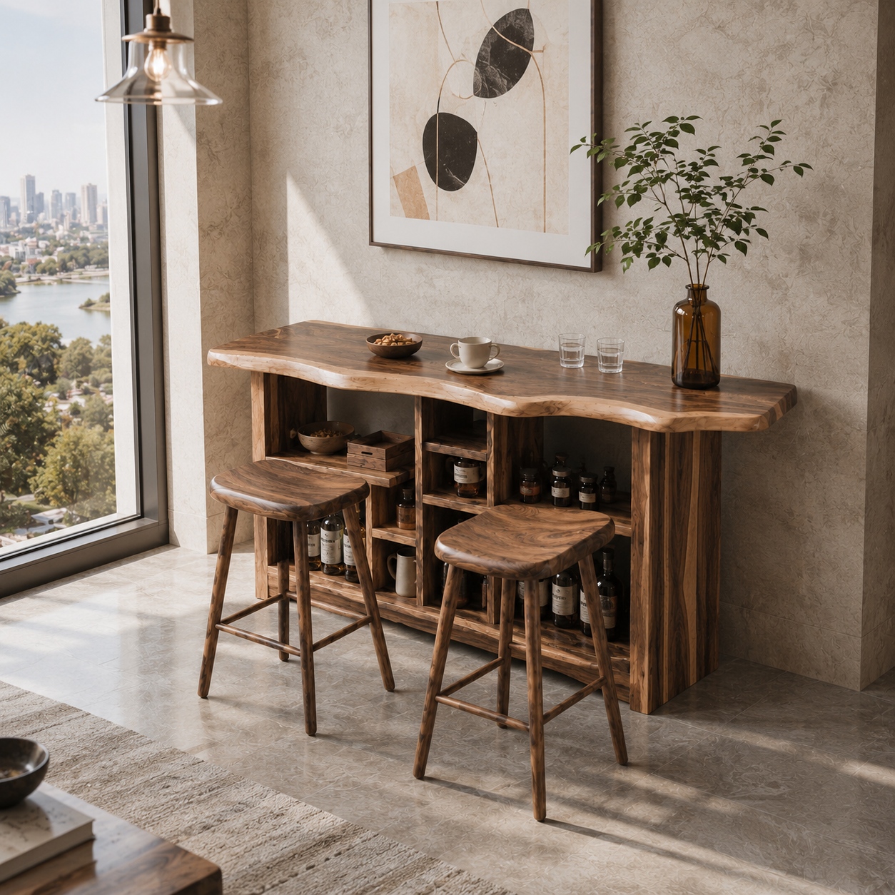 Live Edge Wood Bar Table Set – Solid Wood Home Bar Counter with Stools for Living Room Decor