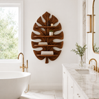 Monstera Leaf Wood Bathroom Shelf – Solid Wood Wall Mounted Display Shelf for Bathroom Decor