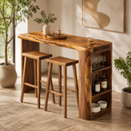 Live Edge Wood Bar Table Set – Solid Wood Home Bar Counter with Storage Shelves and Stools