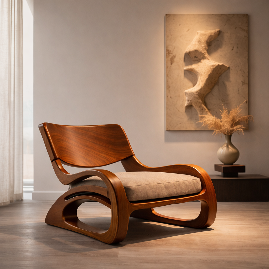 Sculptural Accent Chair – Solid Wood Lounge Chair for Living Room