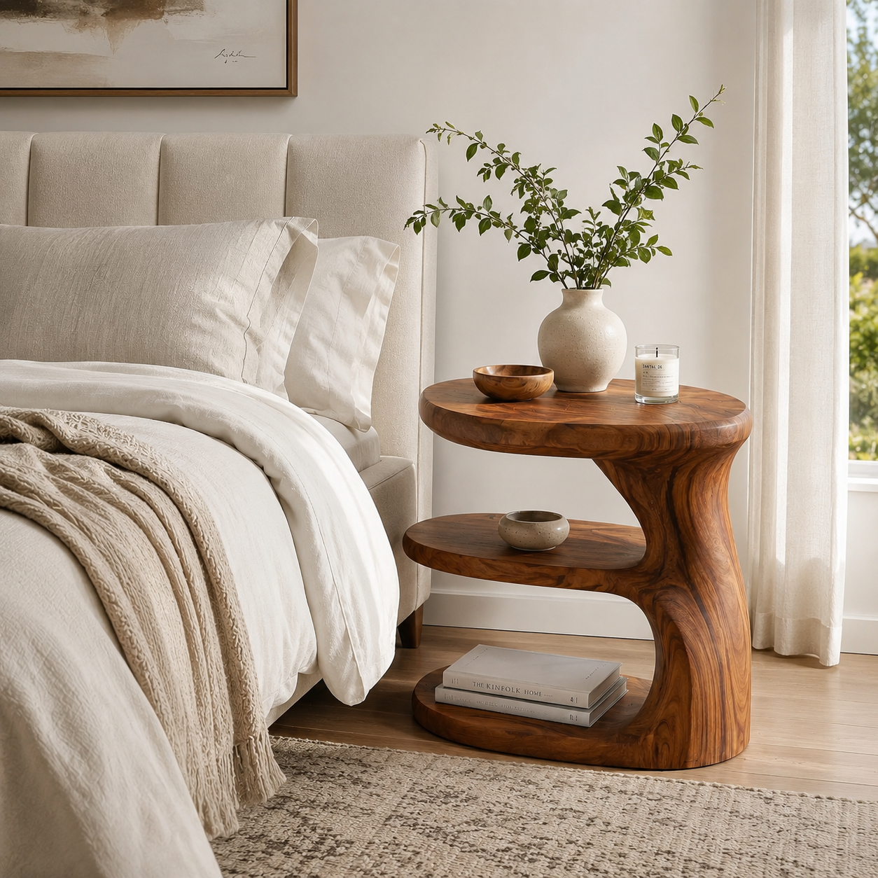 Sculptural Wood Nightstand – Solid Wood Bedside Table for Bedroom Decor