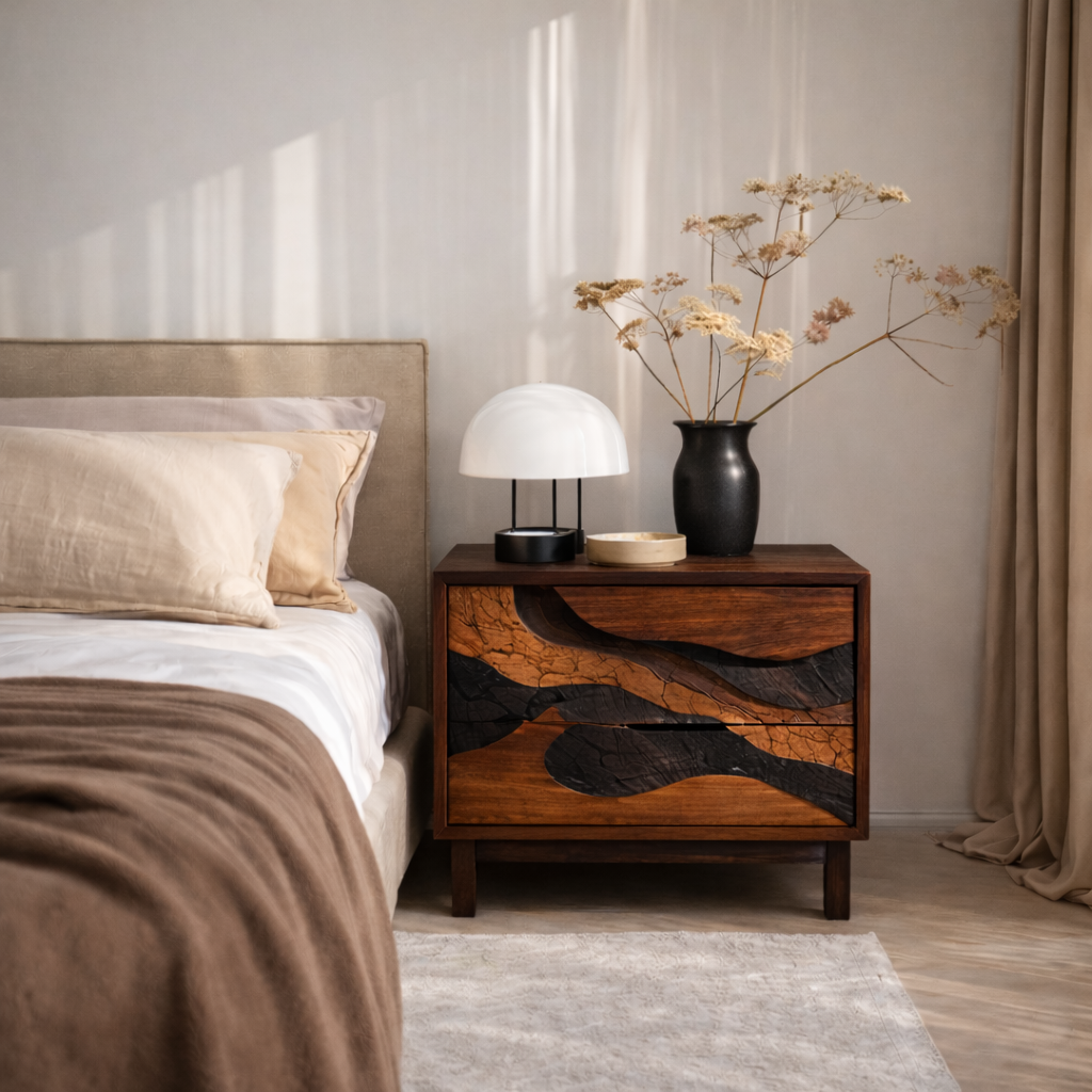 Artisan Solid Wood Bedside Table – Sculptural Nightstand for Modern Bedroom
