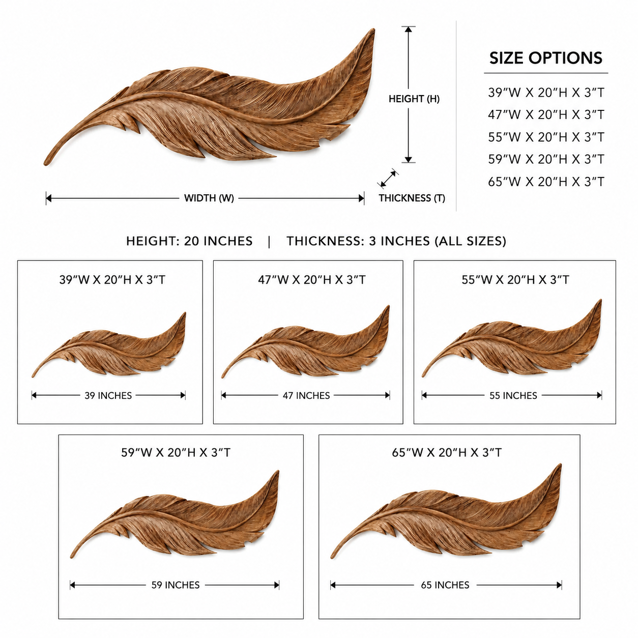 Feather Wood Wall Art – Solid Wood Carved Wall Decor for Bedroom Decor
