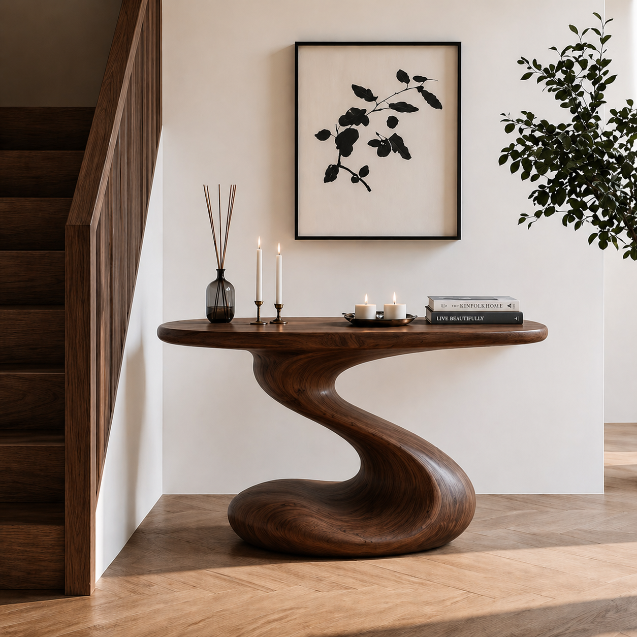 Sculptural Console Table – Solid Wood Modern Table for Entryway Decor