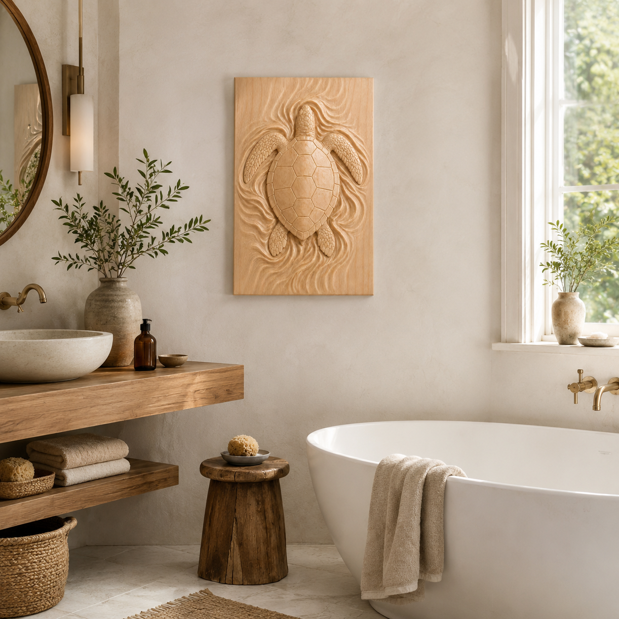 Sea Turtle Wood Wall Art – Solid Wood 3D Relief Carving for Coastal Bedroom Decor