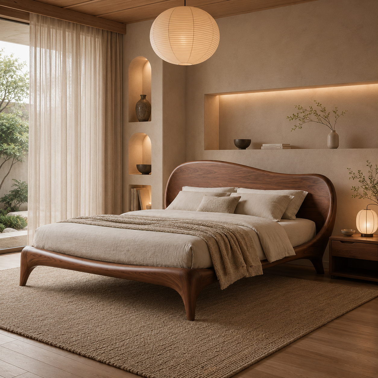 Curved Bed Frame – Solid Wood Platform Bed for Modern Bedroom