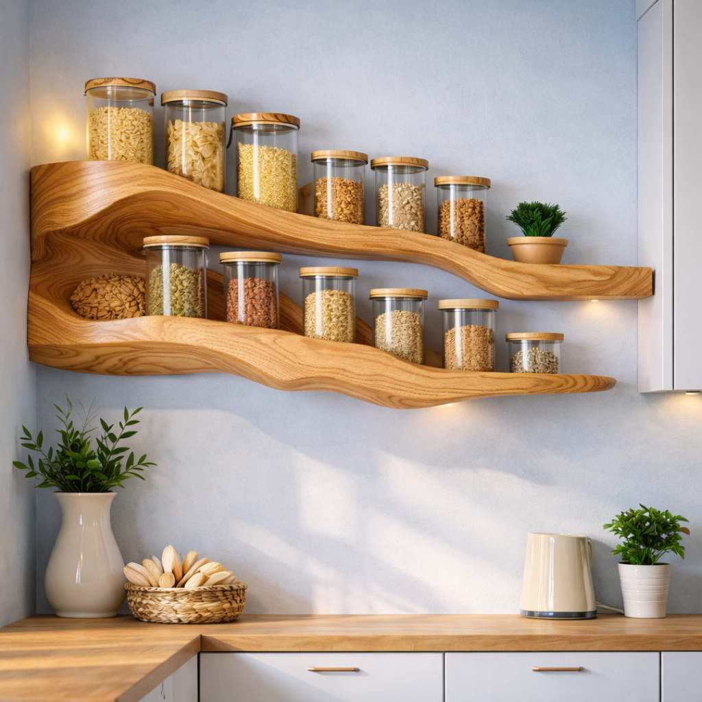 Wall-Mounted Spice Rack – Solid Wood Kitchen Organizer