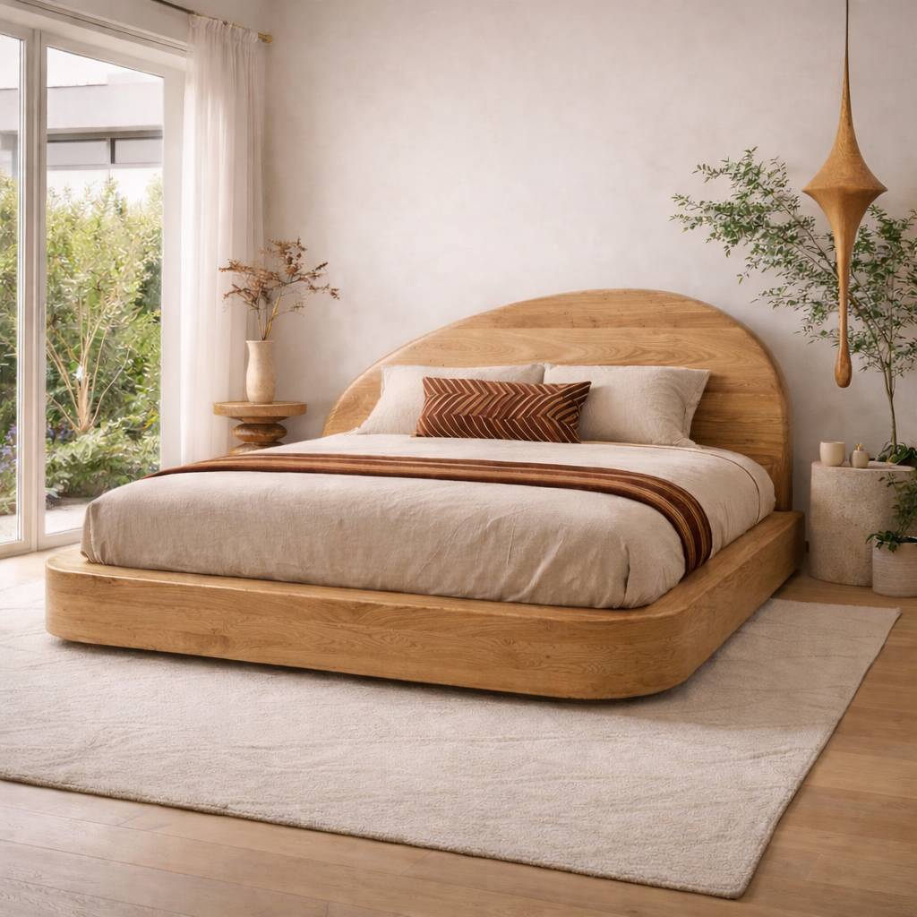 Minimalist Wooden Bed Frame with Curved Headboard – Organic Design