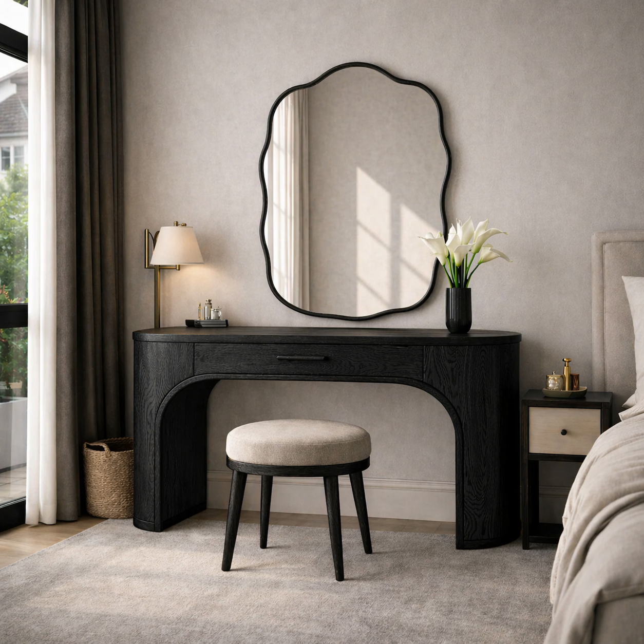 *Vanity Table – Modern Wooden Table with Sculptural Mirror for Bedroom