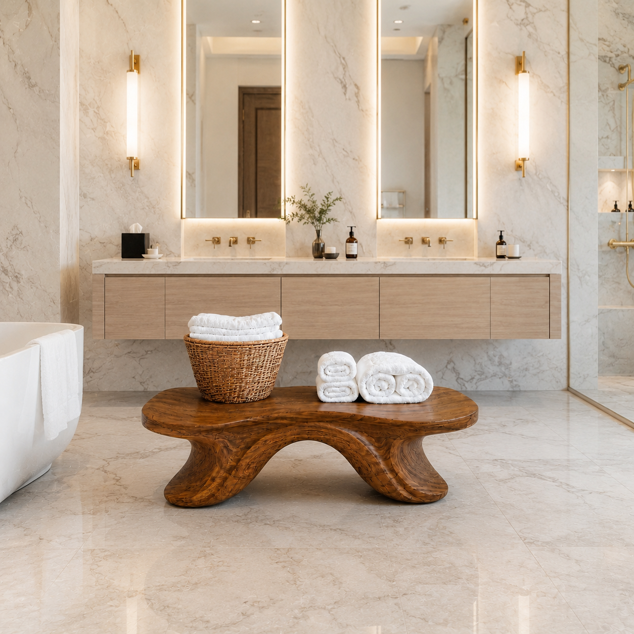 Curved Wood Bathroom Bench – Solid Wood Low Towel Bench for Spa Decor