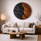 Round Wood Wall Art – Sculptural Black and Walnut Decor for Living Room
