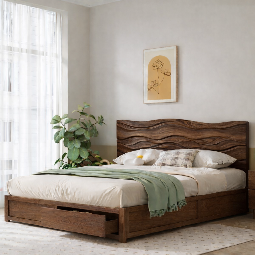 Solid Wood Bed Frame with Sculpted Wave Headboard – Organic Design
