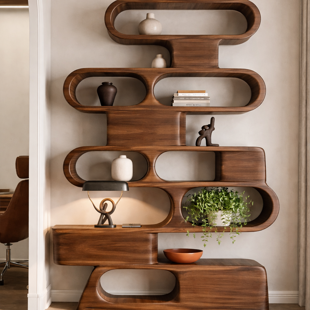 Solid Wood Sculptural Shelving Unit – Organic Wave Design