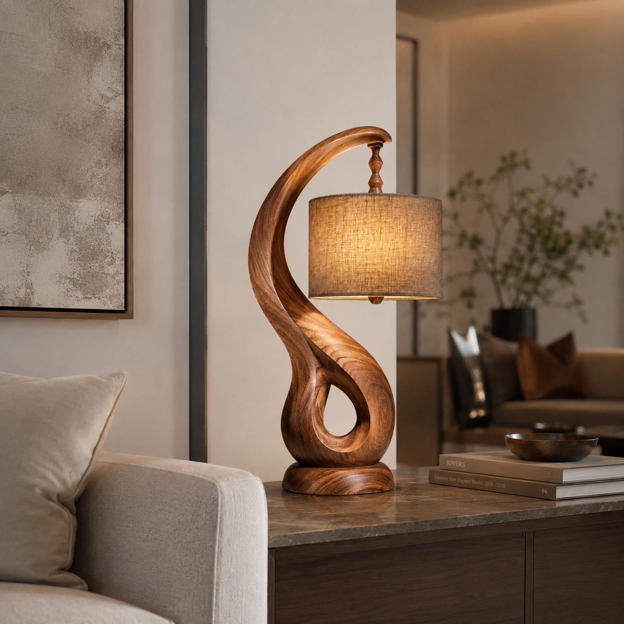 Sculptural Wood Table Lamp – Solid Wood Bedside Lamp for Living Room Decor