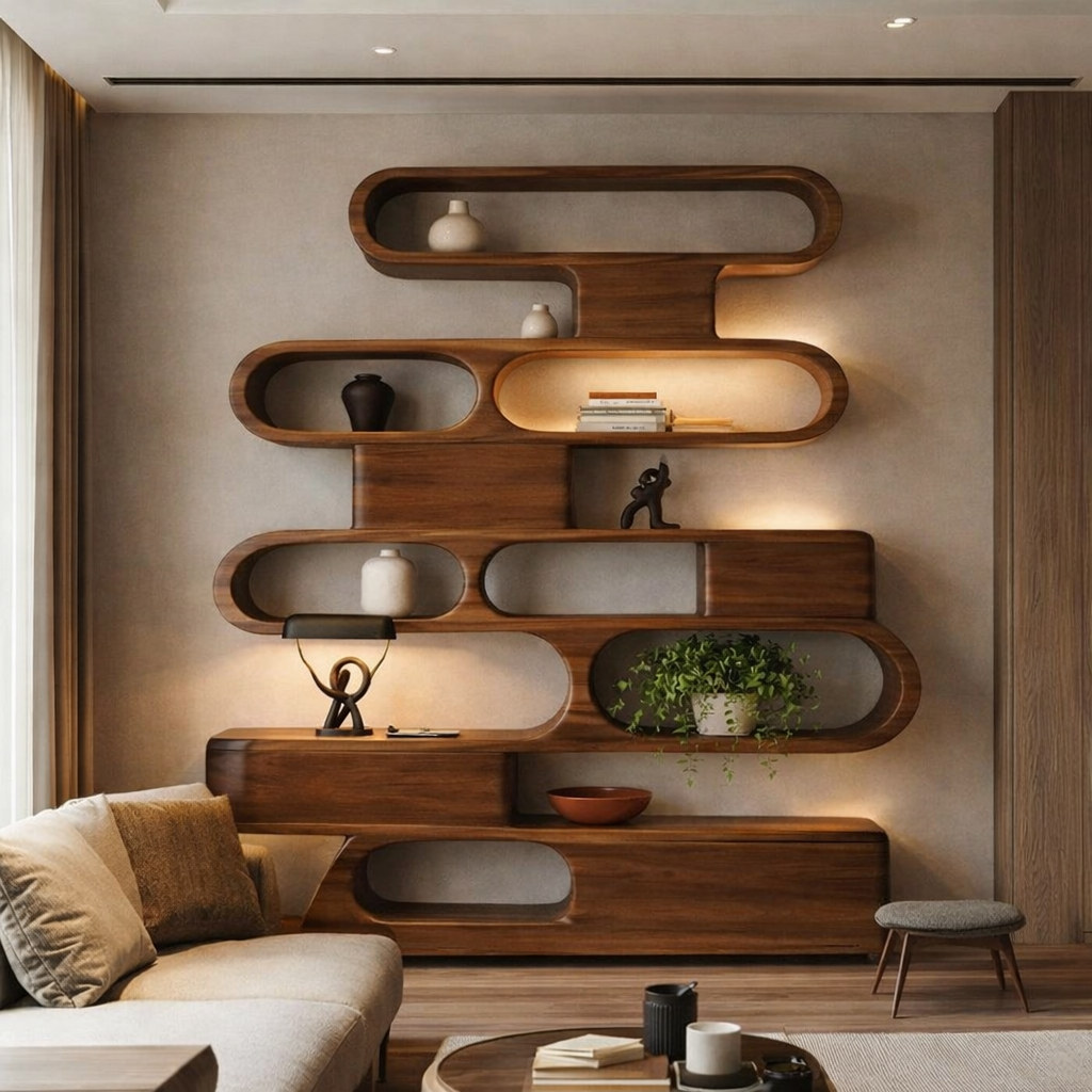 Solid Wood Sculptural Shelving Unit – Organic Wave Design
