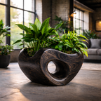 Modern Circular Wooden Planter with Lush Foliage – Artistic Home Décor