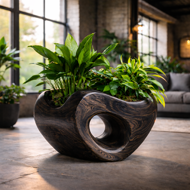 Modern Circular Wooden Planter with Lush Foliage – Artistic Home Décor Main Image