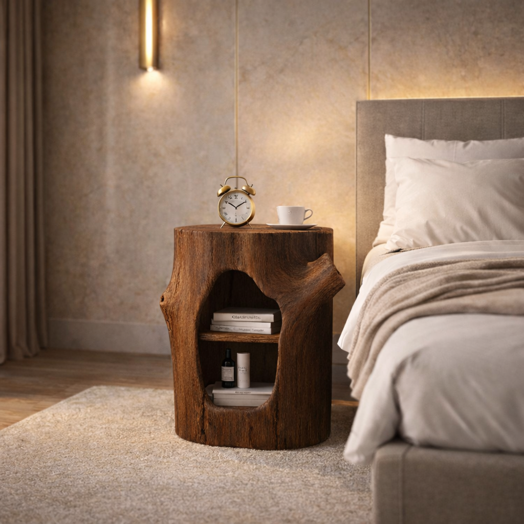 Tree Trunk Nightstand – Solid Wood Bedside Table for Rustic Bedroom Decor