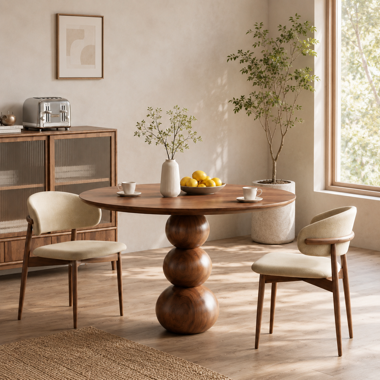 Round Wood Dining Table – Solid Wood Pedestal Table with Sculptural Ball Base for Dining Room Decor