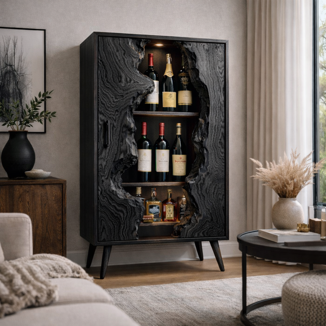 Live Edge Wine Cabinet – Solid Wood Bottle Storage Cabinet for Home Bar Decor Main Image
