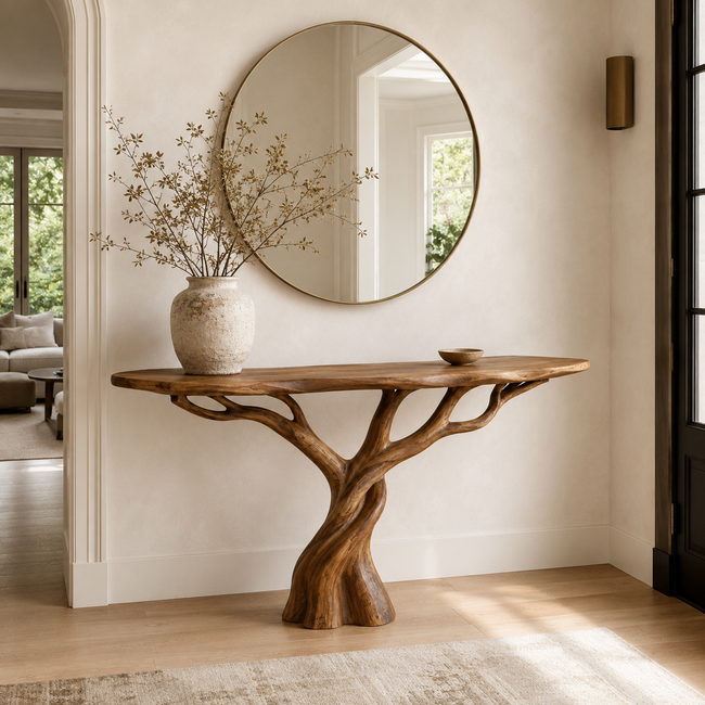 Tree Base Wood Console Table – Solid Wood Entryway Table with Sculptural Branch Base Main Image