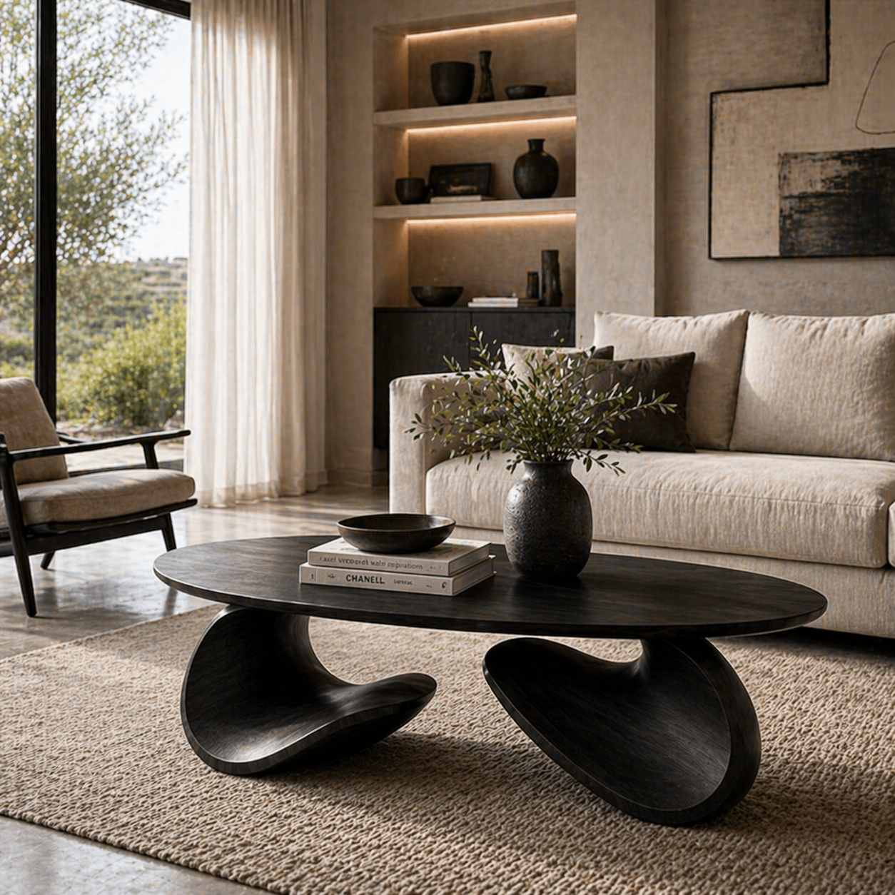 Sculptural Coffee Table Set – Solid Wood Modern Tables for Living Room Decor