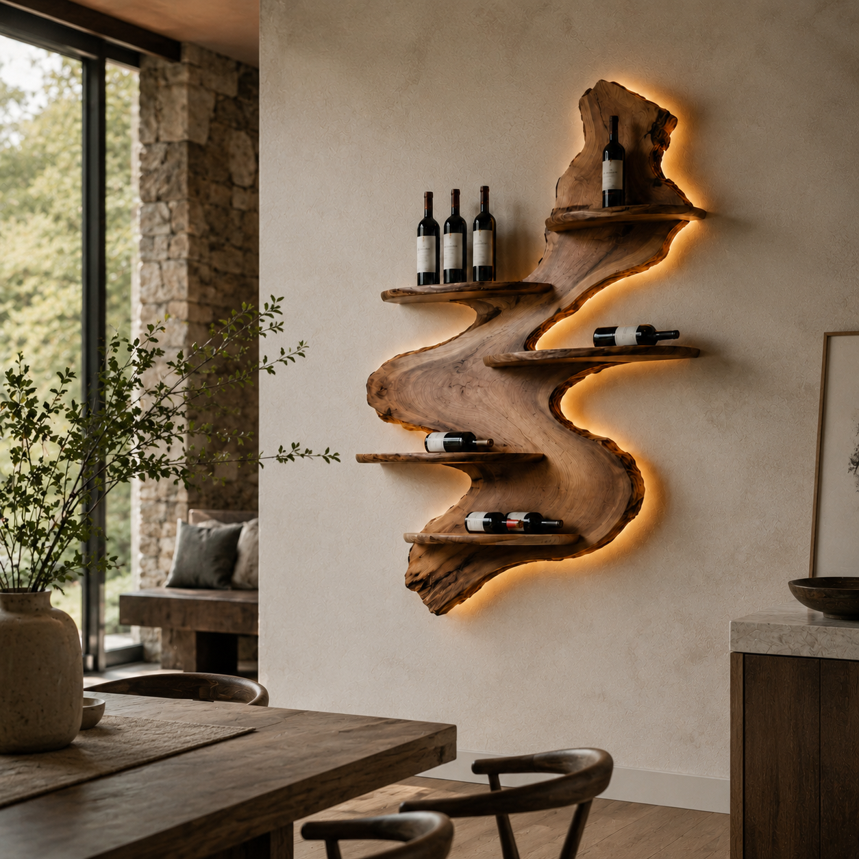 Wall-Mounted Wine Rack – Sculptural Solid Wood Bottle Holder