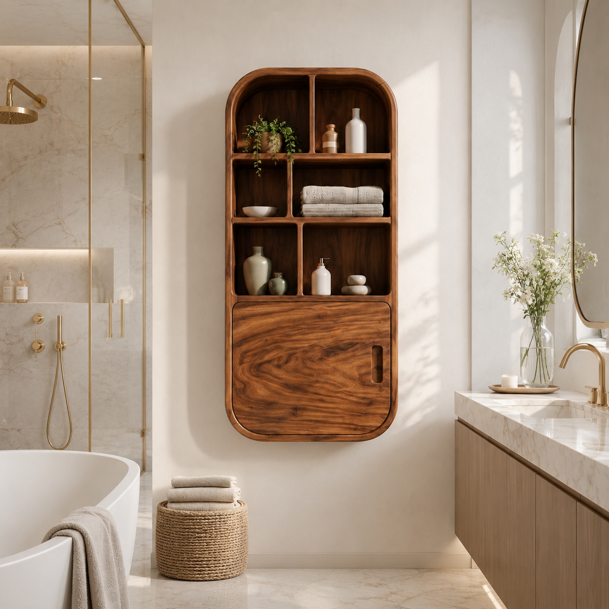 Rounded Wood Bathroom Cabinet – Solid Wood Wall Mounted Storage Cabinet for Bathroom Decor