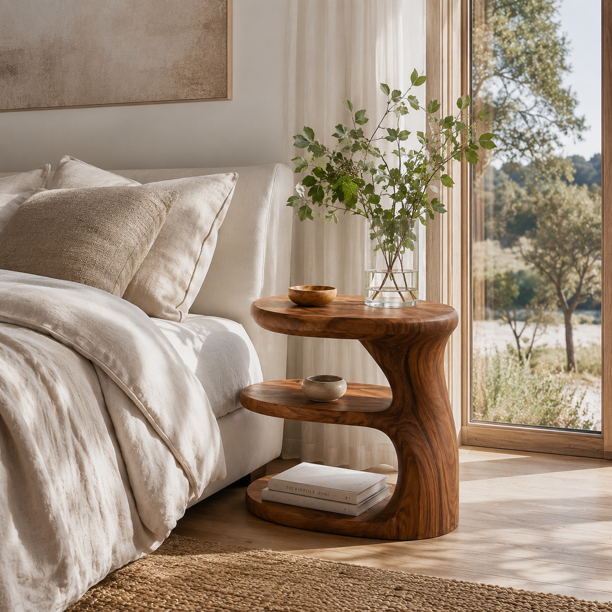 Sculptural Wood Nightstand – Solid Wood Bedside Table for Bedroom Decor