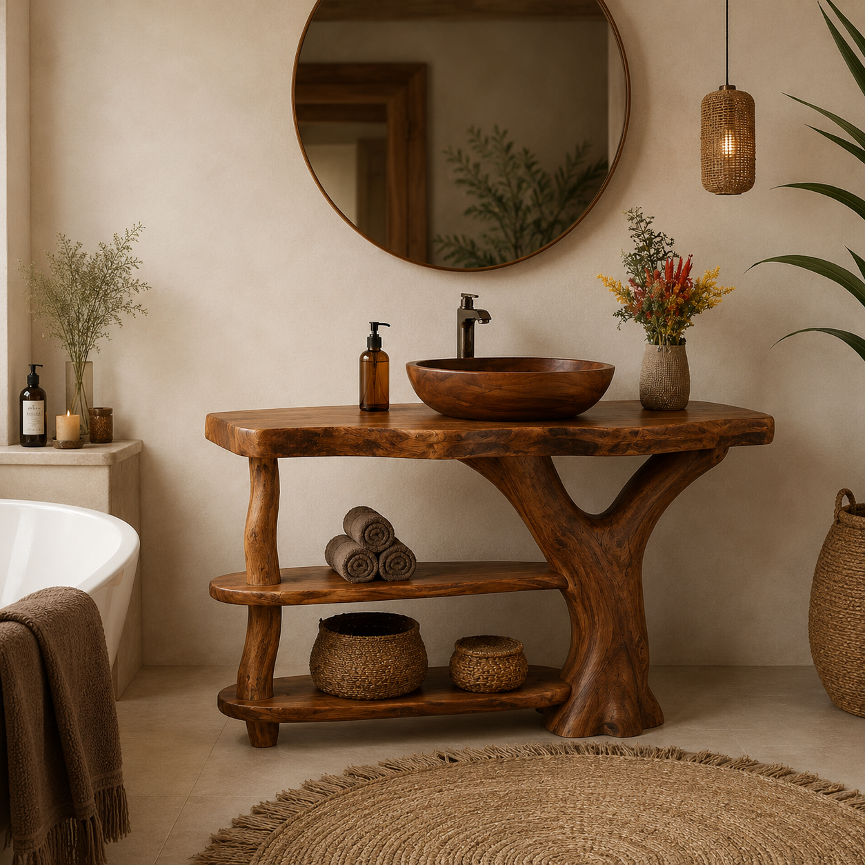 Live Edge Wood Bathroom Vanity – Solid Wood Sink Console with Storage Shelf for Bathroom Decor