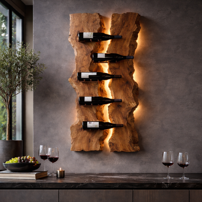 Modern Sculptural Wooden Wine Wall Rack with LED Lighting – Vertical Solid Wood Wall Mounted Wine Bottle Holder Main Image