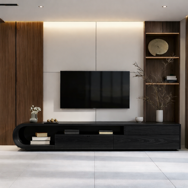 Solid Wood Curved Media Console – Sculptural Low-Profile TV Stand Main Image