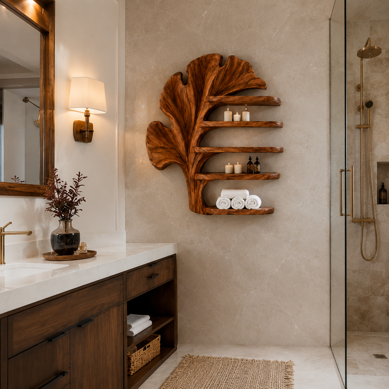 Ginkgo Leaf Wood Bathroom Shelf – Solid Wood Wall Mounted Display Shelf for Bathroom Decor