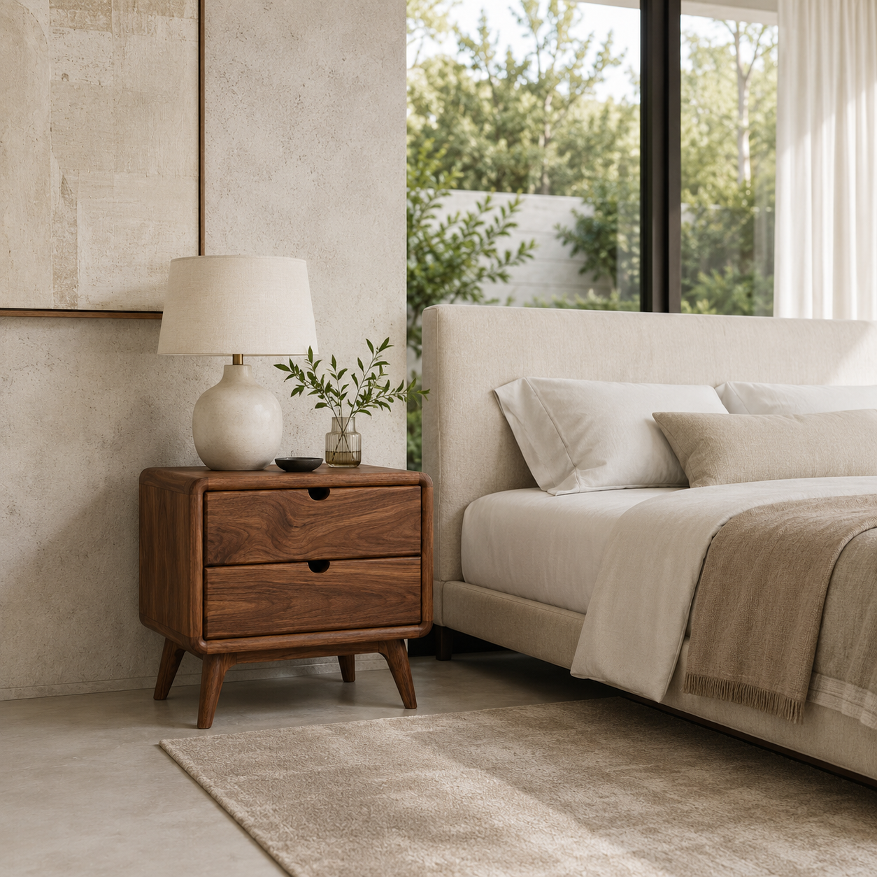 Solid Wood Nightstand – Mid Century Bedside Table for Bedroom Decor