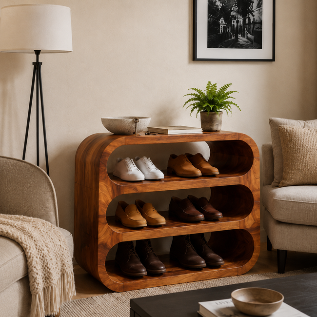 Curved Wood Shoe Rack – Solid Wood Entryway Shoe Storage Shelf for Home Decor Hover Image