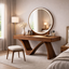Modern Solid Wood Vanity Table with Round Mirror – Sculptural Set
